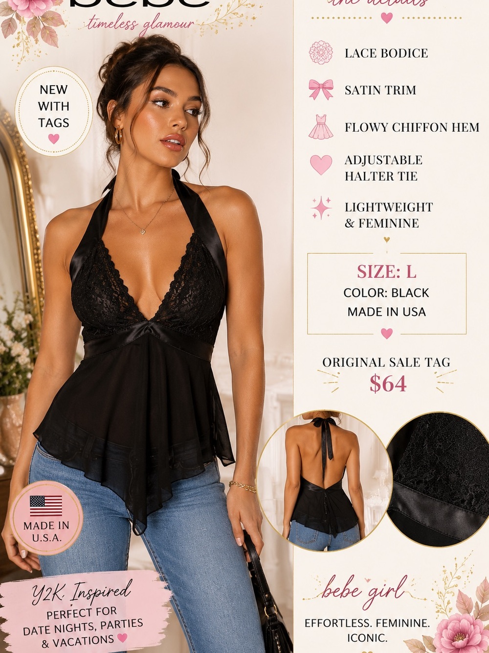 bebe Black Lace Halter Peplum Top with Satin Trim Size L